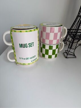 Checkerboard Ceramic Mug 2 Set - Pink & Green/ Blue & Orange
